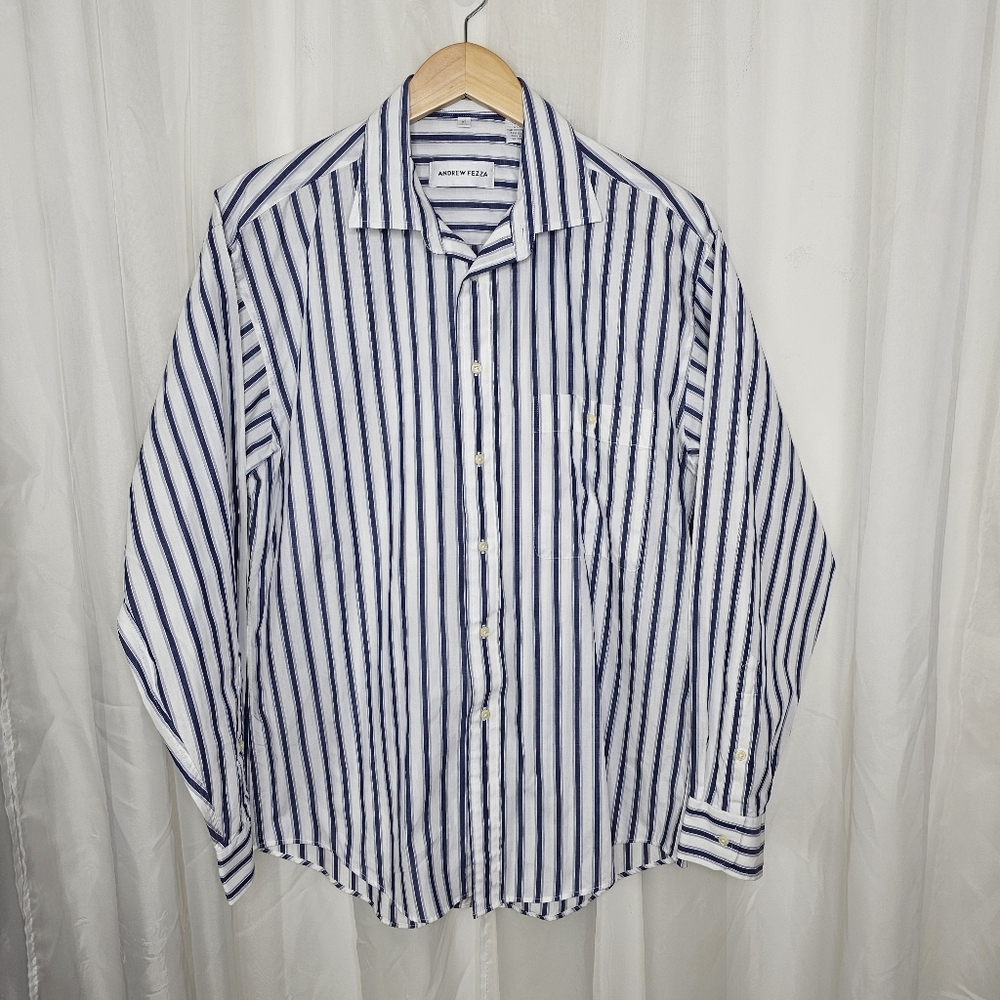 Andrew Fezza Men's White And Blue Striped Button Down Shirt Size 16